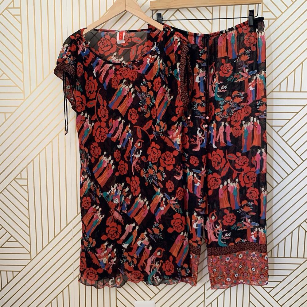 Natori Josie pajama Set Chiffon semi sheer floral Japanese inspired drawstring S